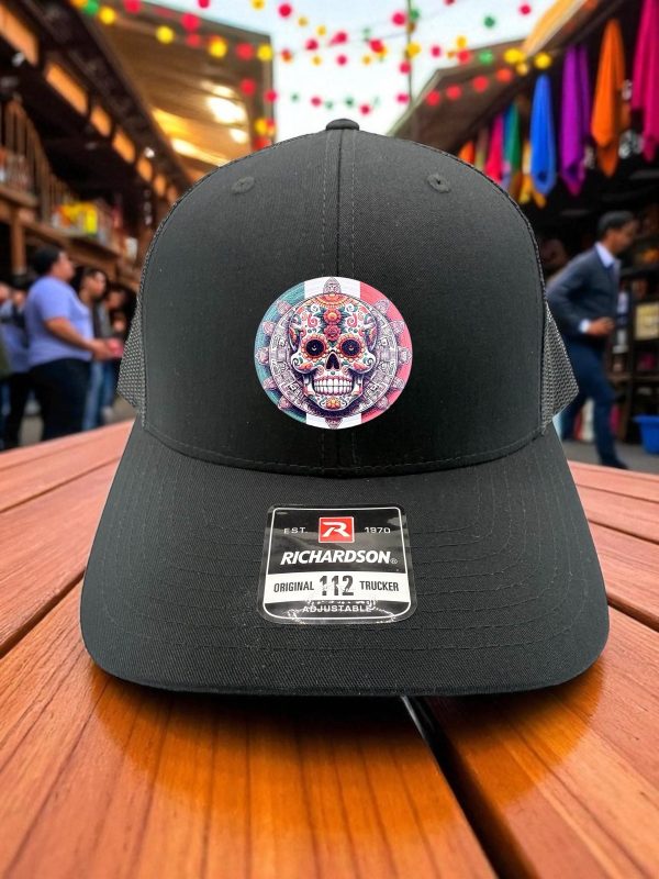 Hispanic themed Leather Patch Featuring Skull Design on Richardson Original 112 Trucker Adjustable Hat!