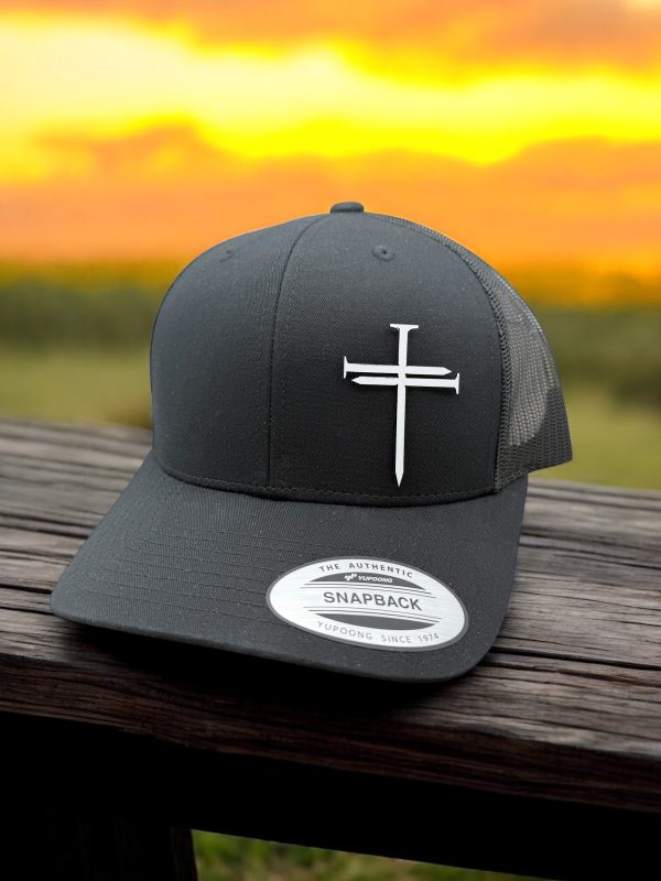 Nail Cross Acrylic Patch Hat on a Black Trucker snapback Yupoong brand hat - Image 2