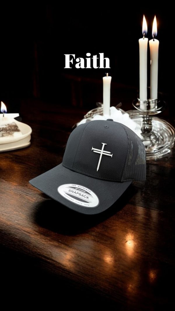 Nail Cross Acrylic Patch Hat on a Black Trucker snapback Yupoong brand hat - Image 3