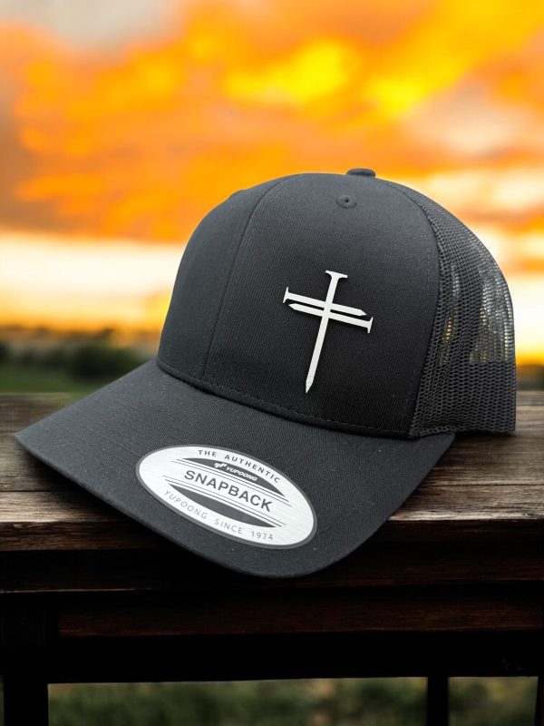 Nail Cross Acrylic Patch Hat on a Black Trucker snapback Yupoong brand hat